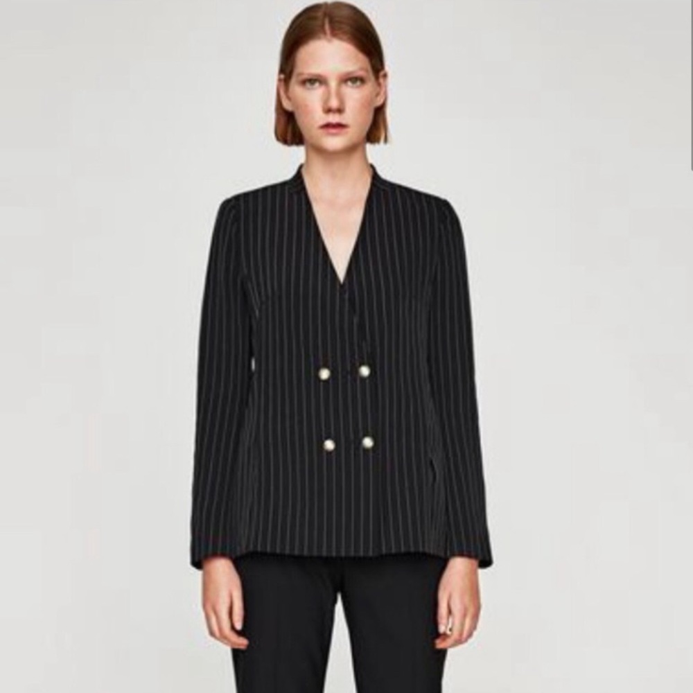 Zara Black Pinstripe Double Breasted Boyfriend Blazer V neck Jacket Gold Buttons